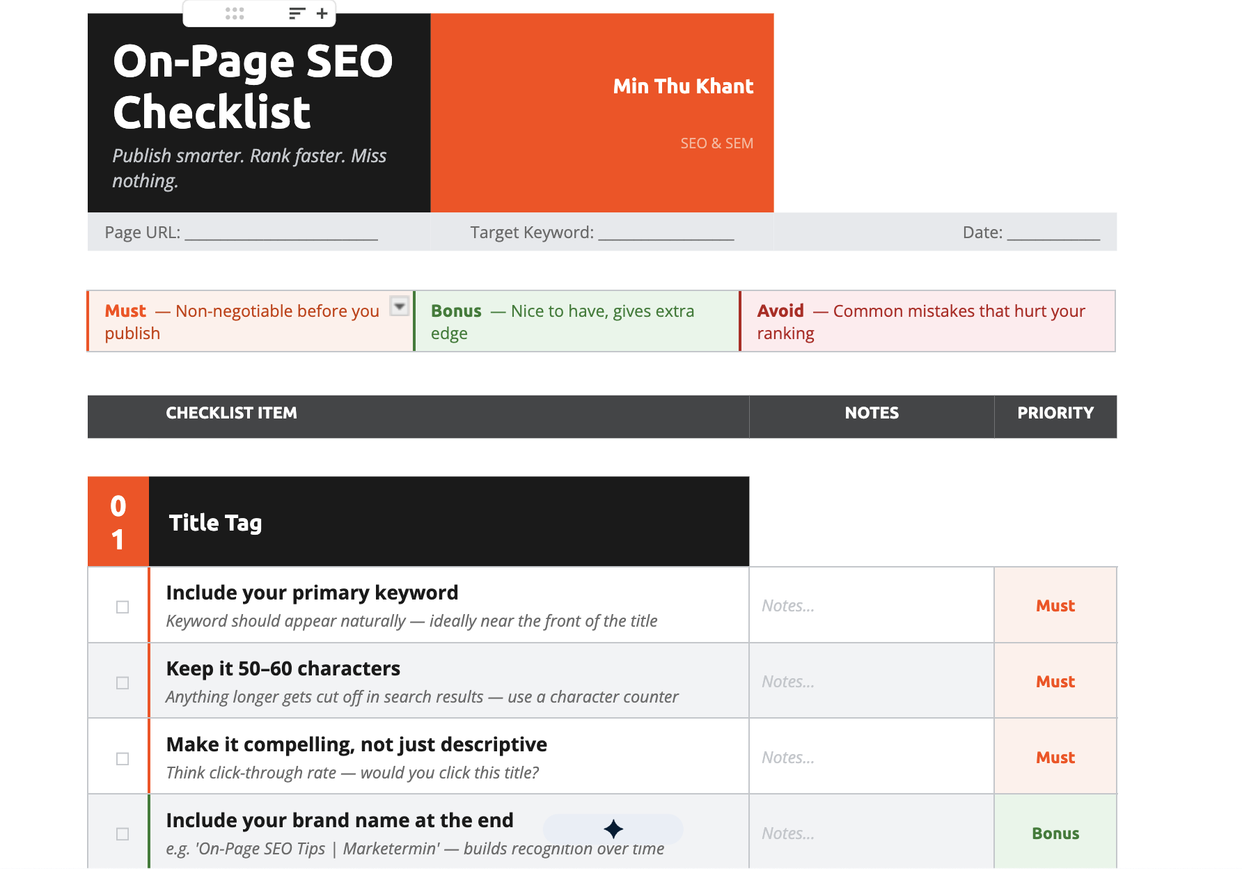 Onpage SEO checklist Template Onpage SEO checklist Template