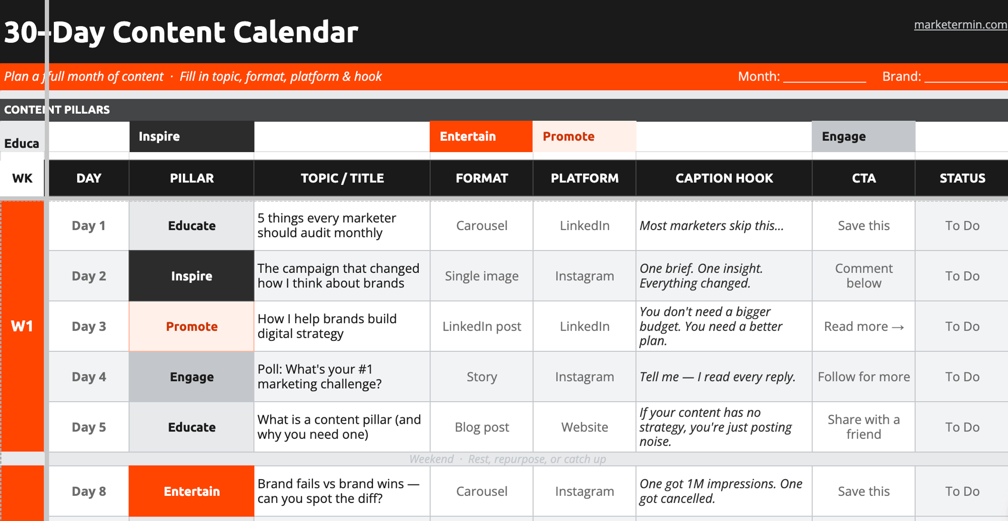 30day Content Calendar Template 30day Content Calendar Template